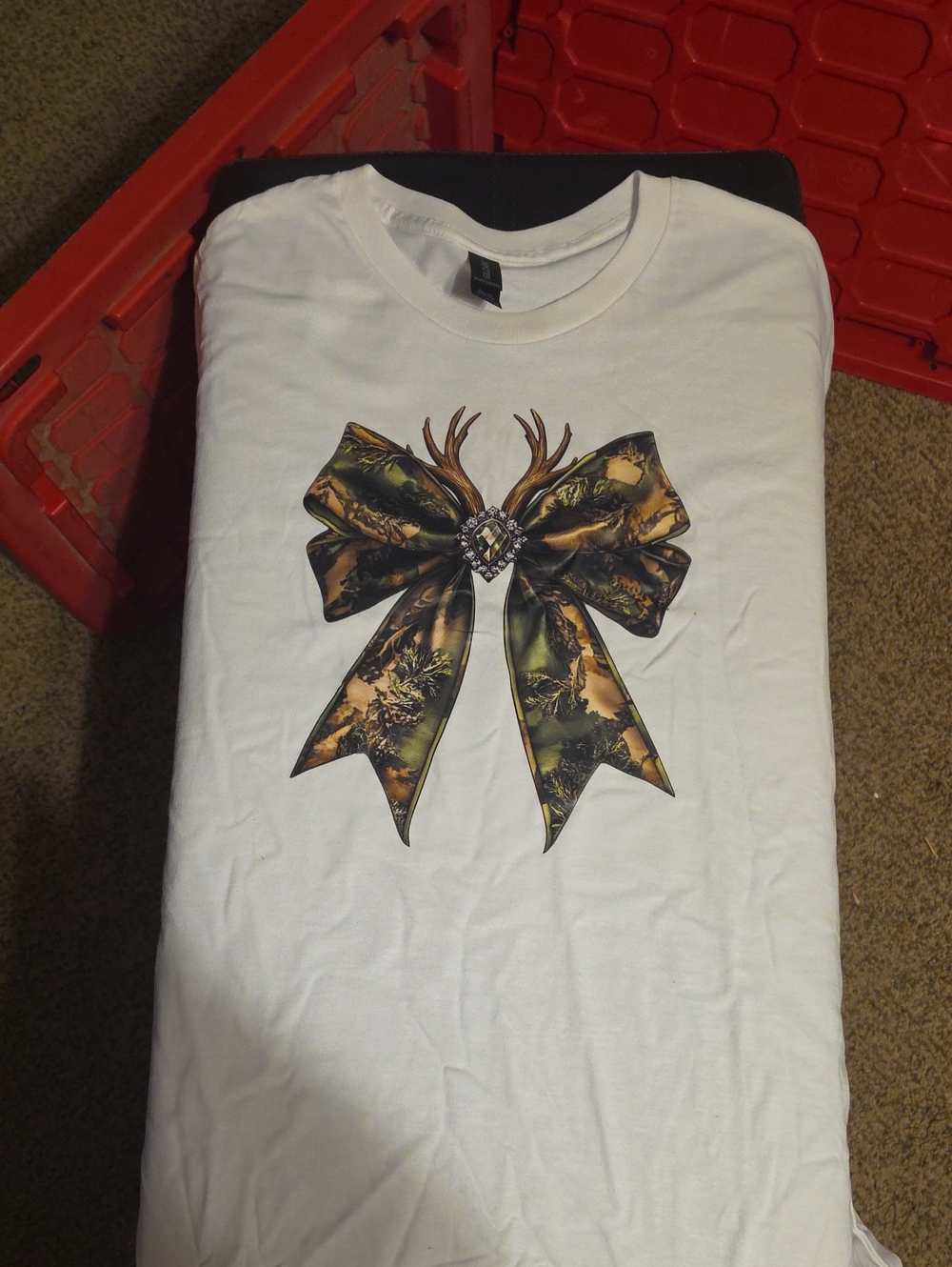 Gildan White Short Sleeve Tee with Camo Bow and Antler Accent